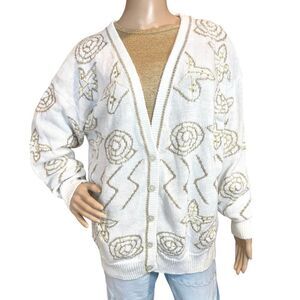 Cervelle Cardigan Sweater Women’s Large Abstract Geometric Embroidery VTG 90s